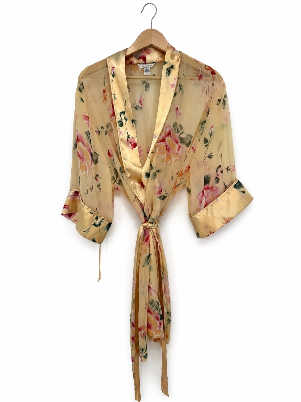 Delicates Pale Yellow Floral Robe Satin Shabby Chic Sheer Size Large Kimono Y2k